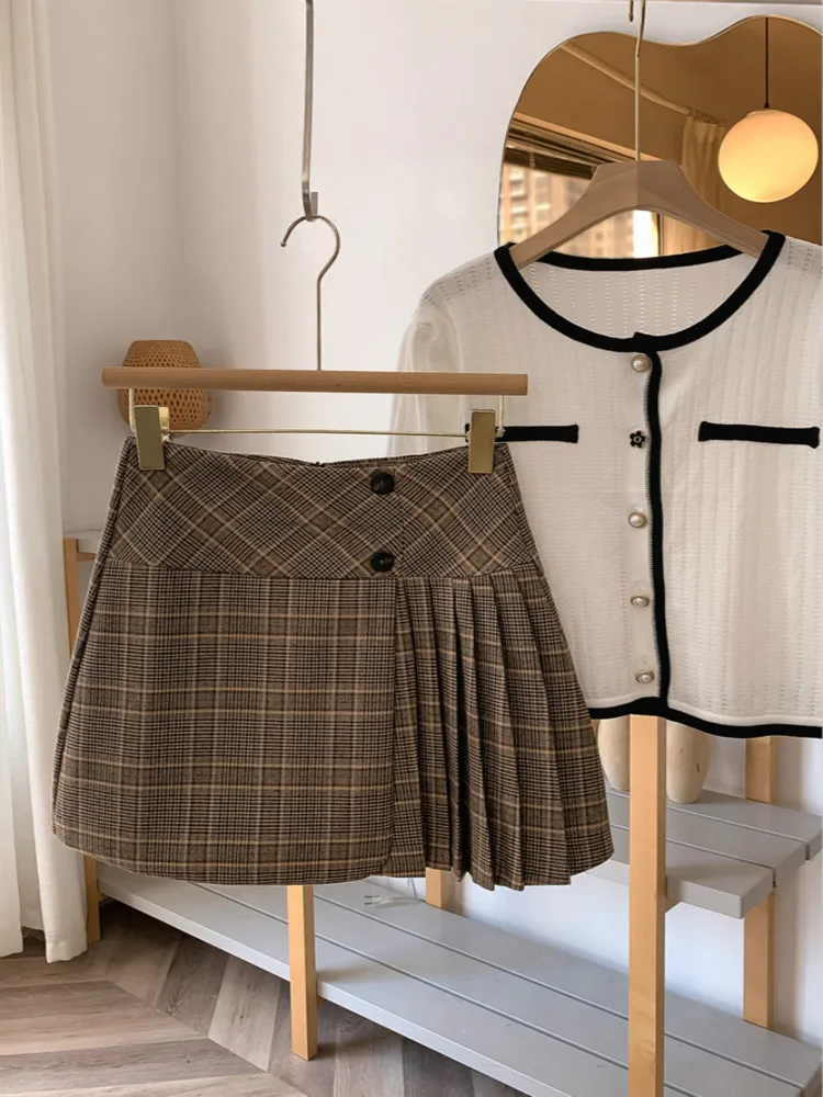 

Women's Skirt Brown Check Two Bottons Vintage Woman Clothes Gothic Plaid Skirts Lady Trendy 2020 Harajuku Empire Waist