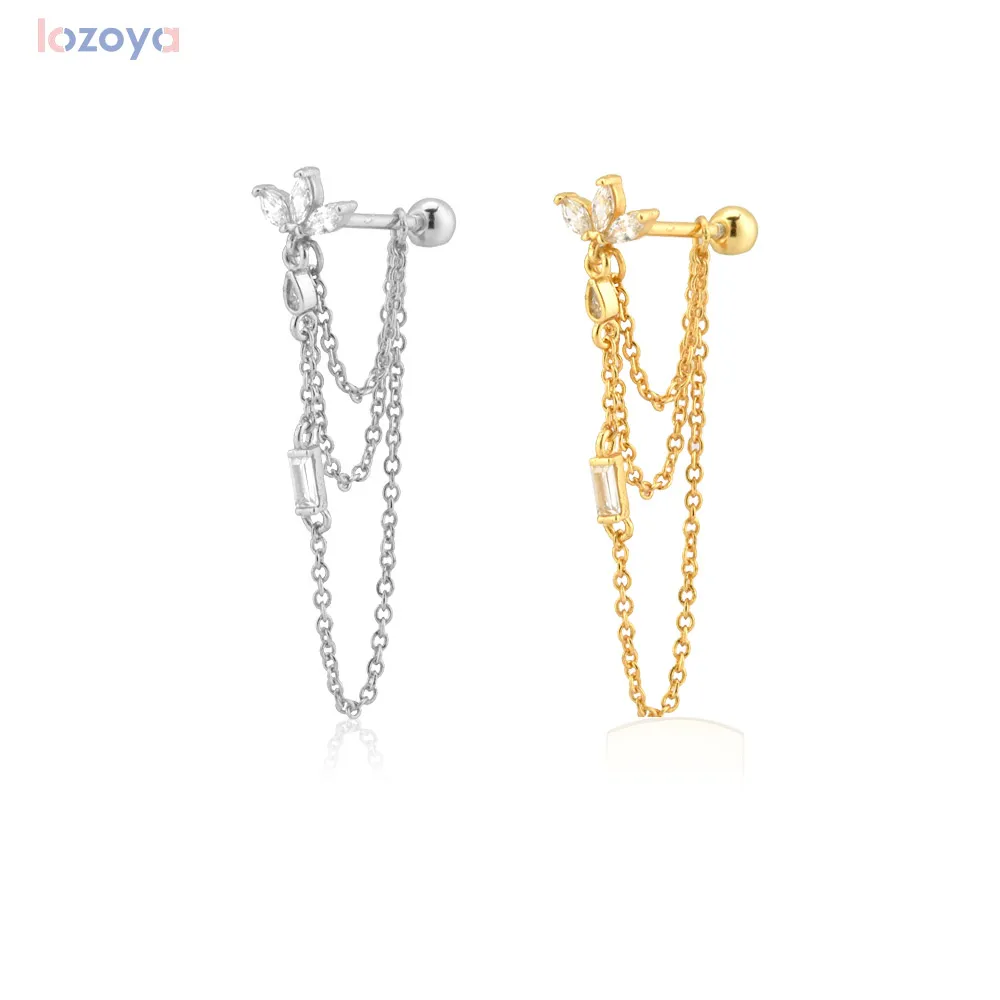 

Lozoya 925 Sterling Silver Luxury Jewelry Piercing Gold Three Ovals Chain Beads Ear Pin Drop Earring Women Party Pendiente