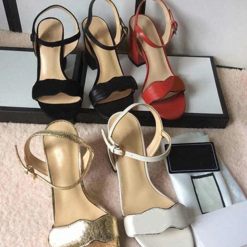 

Prowow Mid-heel Luxury Designer Women Sandals Elegant Leather Dress Wedding Shoes Sexy Double Letters Suqare Heel Ladies Shoes