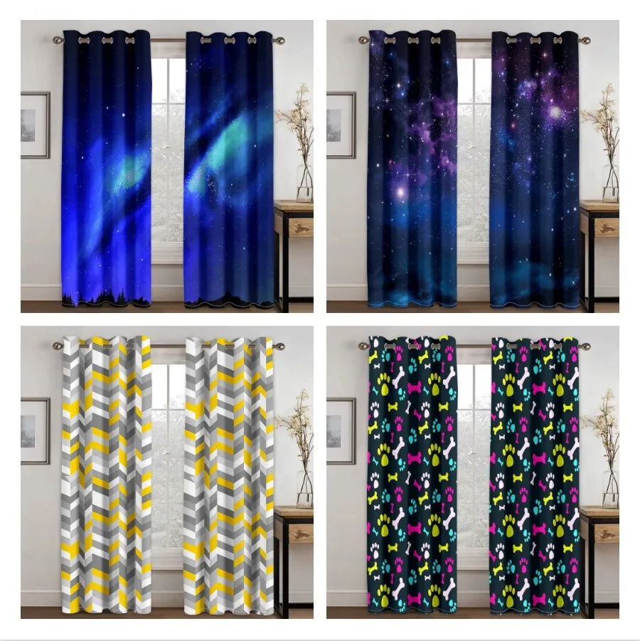 

Living Room Shading 90% Decorative Curtain Starry Sky Aurora Pattern Home Textile Decoration Bedroom Perforated Curtains