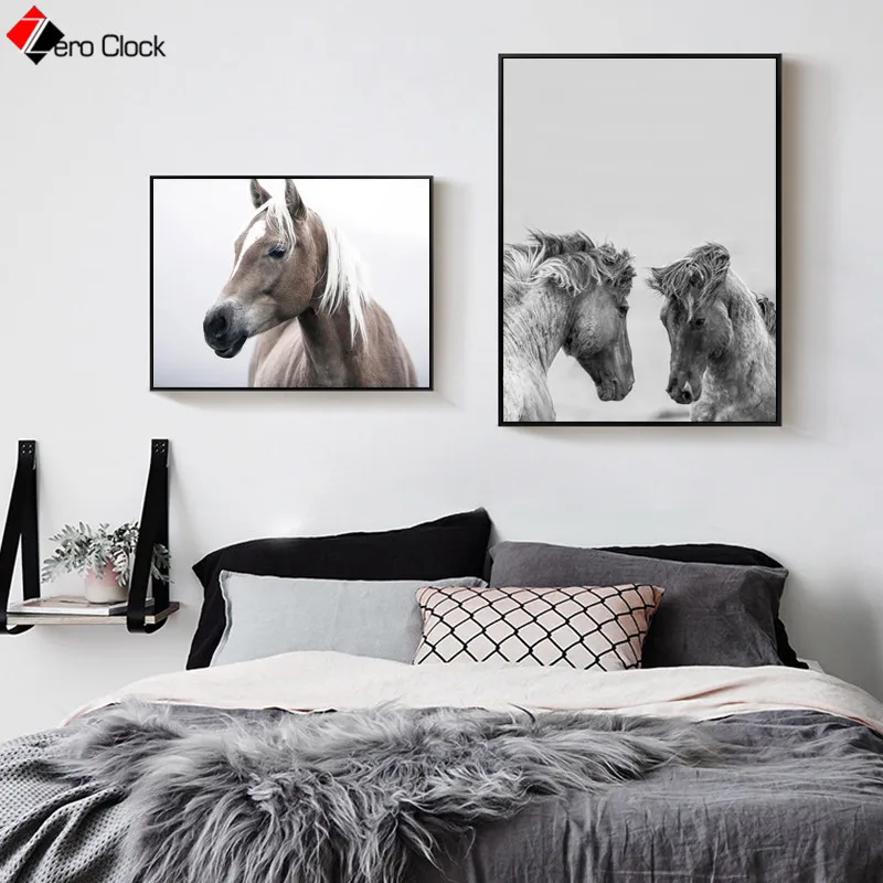 Zero Clock дикий холст с изображением лошадей живопись животные принты черно-белый