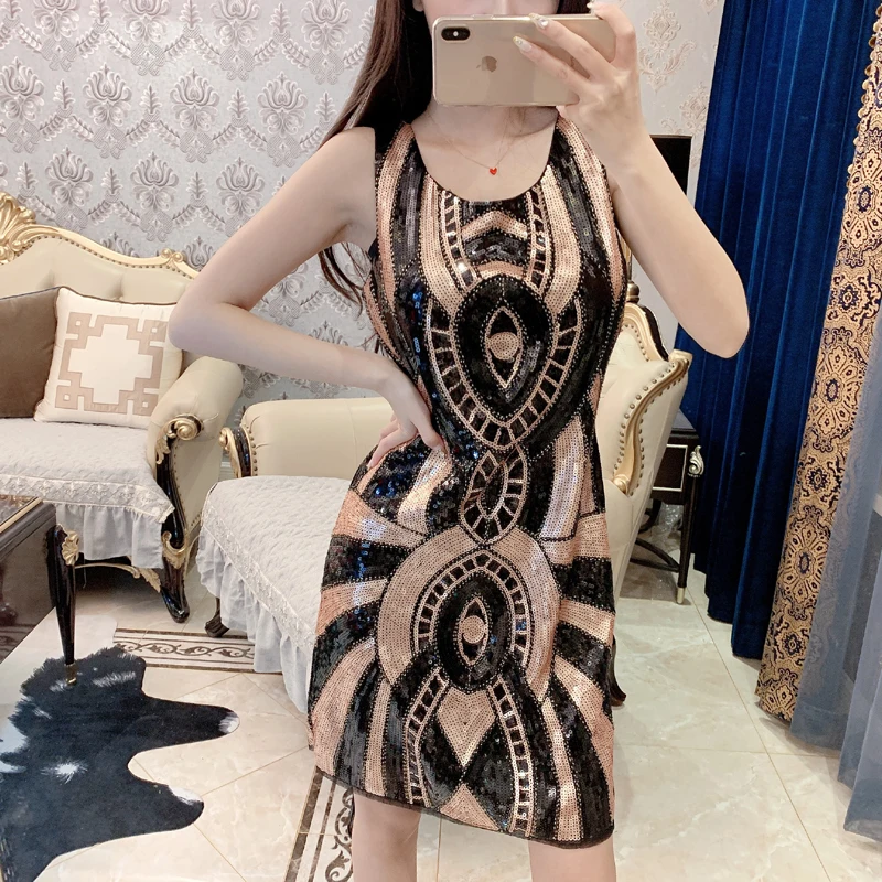 

2021 Summer Female Thailand New Round Neck Slim Net Red Sexy Outer Wear Sparkling Sequined Vest Long Dress Free Shipping