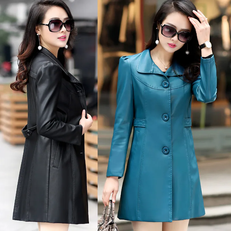 

6XL New Women's Leather Jacket Women Faux Sheepskin Coat Medium Long Red Leather Jackets For Women Trench Coats Clothing