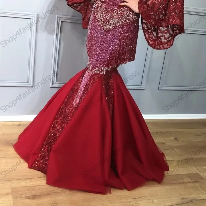 Shiny Beading Tassel Ruffles Mermaid Prom Gowns With Flare Sleeves Luxury Crystals Sequin Tulle Dubai Saudi Arabia Prom Gowns