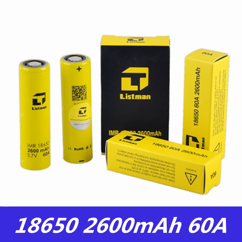 Listman IMR 18650 батарея для бокс мод электронных сигарет 3 7 V 60A 2600mAh литий ионная