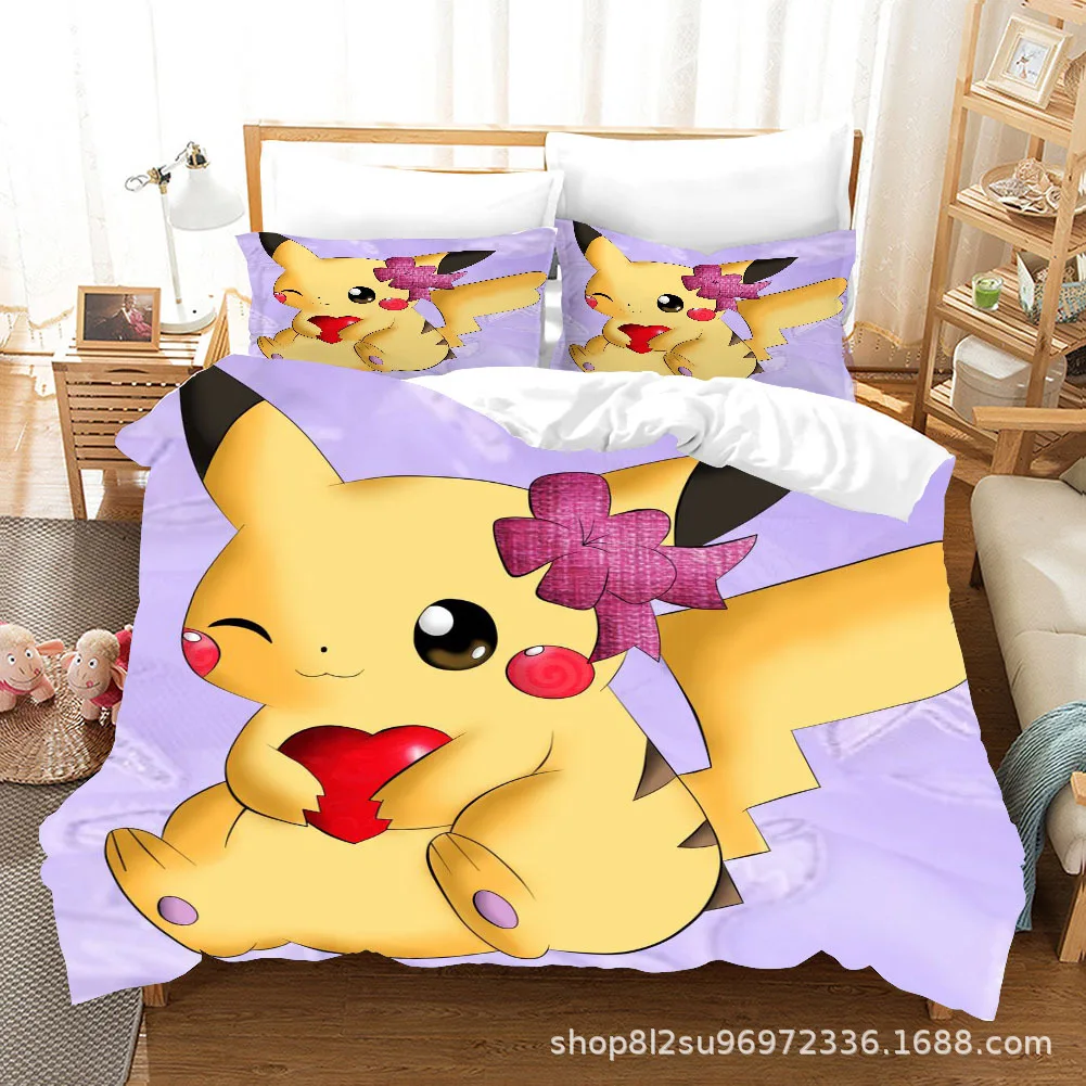 

TAKARA TOMY Cartoon Pikachu Pokemon 3D Digital Printing Quilt Cover Bed Three-piece Children's Bedroom Articles wholesale gift