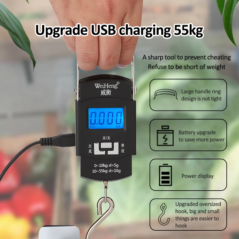 Электронные цифровые весы с USB подвесным крючком 55 кг 10 г для рыбалки путешествий