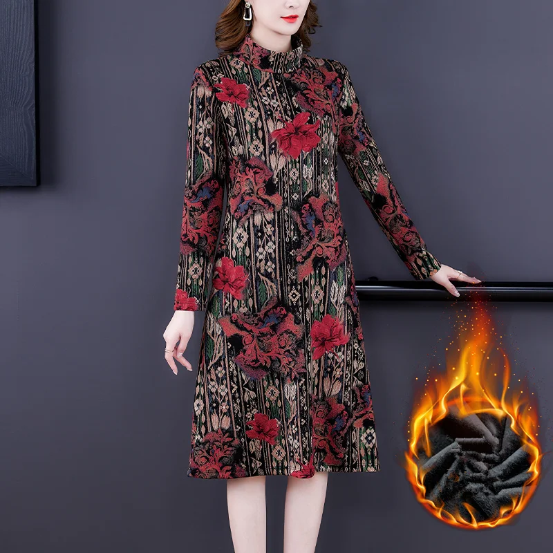 

2022 Women Korean Vintage Casual Midi Dress Autumn Winter Floral Turtleneck Plus Velvet Thick Warm Dress Elegant Slim Vestidos
