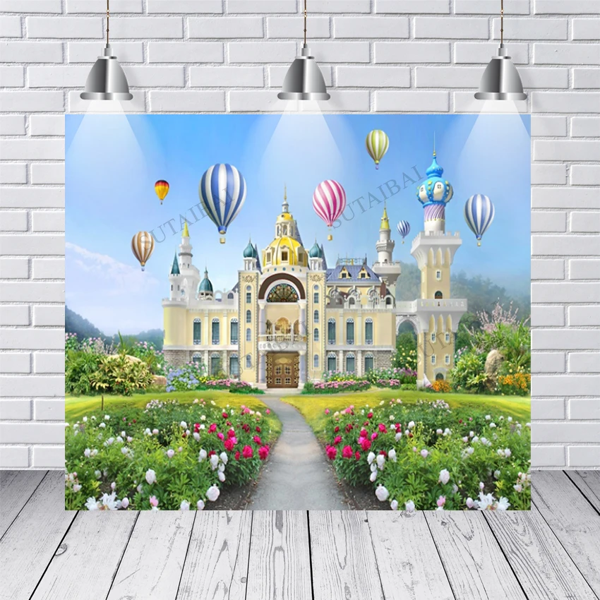 

Fairy Tale Castle Photography Backdrops Blooming Flowers Hot Air Balloon Blue Sky Newborn Baby Shower Birthday Party Background