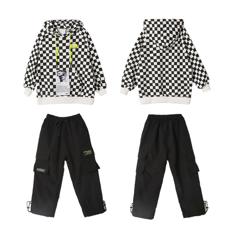 

2021 Kids Cool Hip Hop Clothing Plaid Hoodie Casual Running Pants For Boys Girls Jazz Dance Costumes Street Dance Outfit XS1248