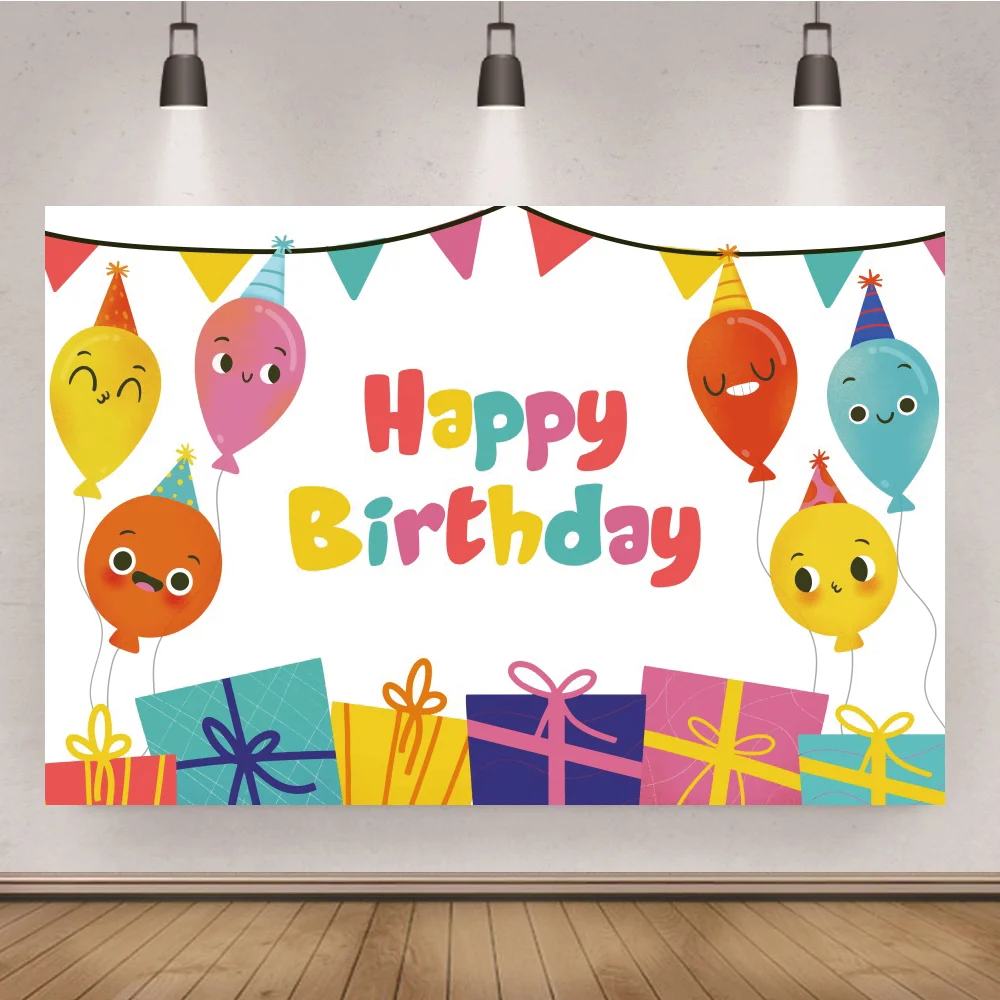 

Colorful Smiley Face Baby Shower Bunting Backdrop Heart Shaped Balloon Birthday Party Photography Shooting Background Poster
