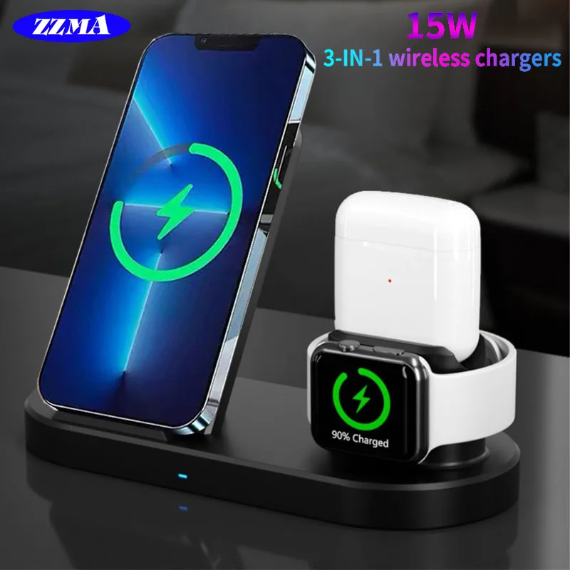 

15W Fast Wireless Charger 3in1 Stand Charging For iPhone 13 12 11 Pro XS Max x 8 Plus Chargers Airpods Apple Watch 6 5 4 3 Se