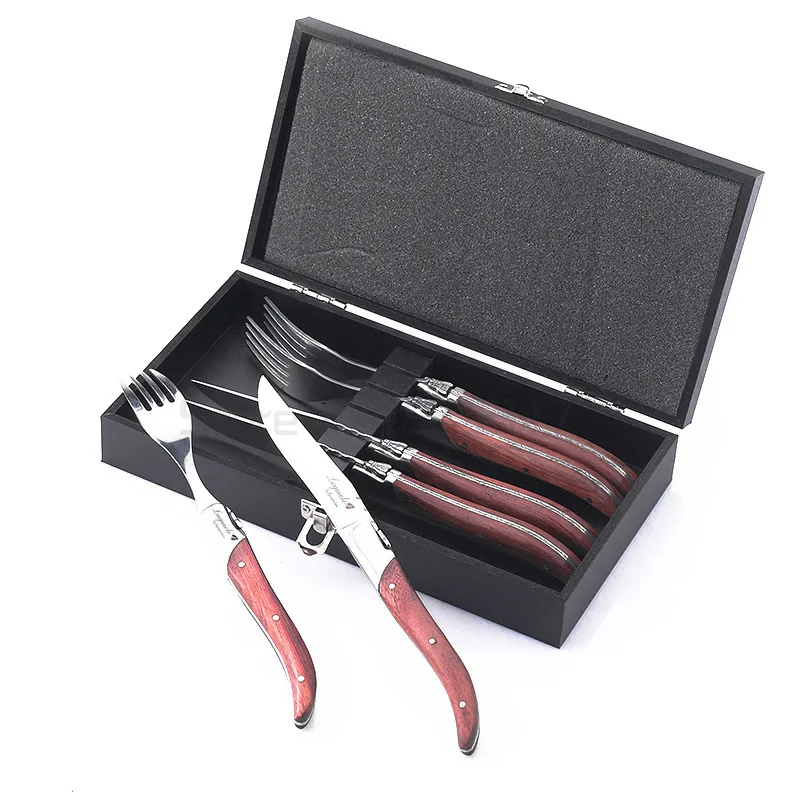 

Laguiole Style Flatware set Steak Knives Forks Black Wood handle Dinnerware in Wood Box Restaurant Christmas gifts 8.7 ''