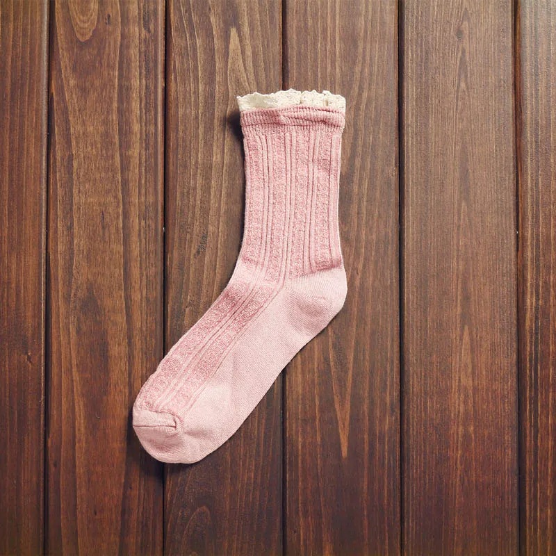 Pink Кружевные забавные Женские носочки, цветные белые женские носки с принтом, полосатые хлопковые носки Harajuku, милые японские носочки Лолиты FENNASI для девочек - Цвет: Pink