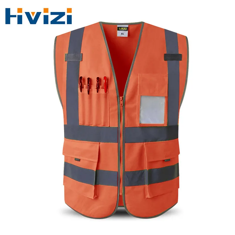 

Reflective Stripes Safety Vest Hi-vis Orange Knitted Vest With Pockets Bright Construction Workwear For Men And Women