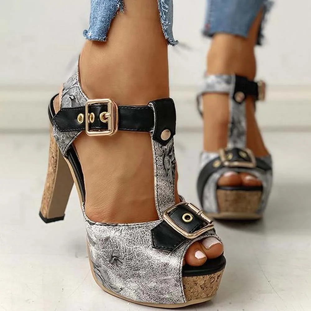 Brand Design Ladies Classic Summer Sandals Platform Thick High Heels Sandals Women 2021 Fashion Print Party Sexy Shoes Woman images - 6