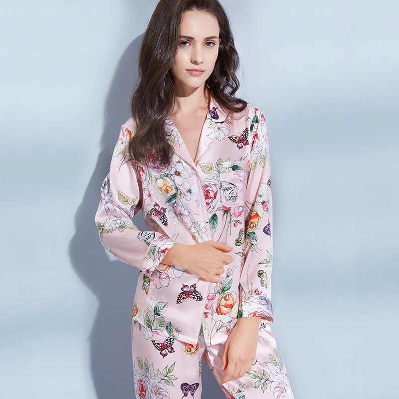 100% Real Silk Pajamas for Women Pink Print Sleepwear Ladies Flower Full-Sleeves Pijamas Nightwear Satin Silk Pyjama Nighties