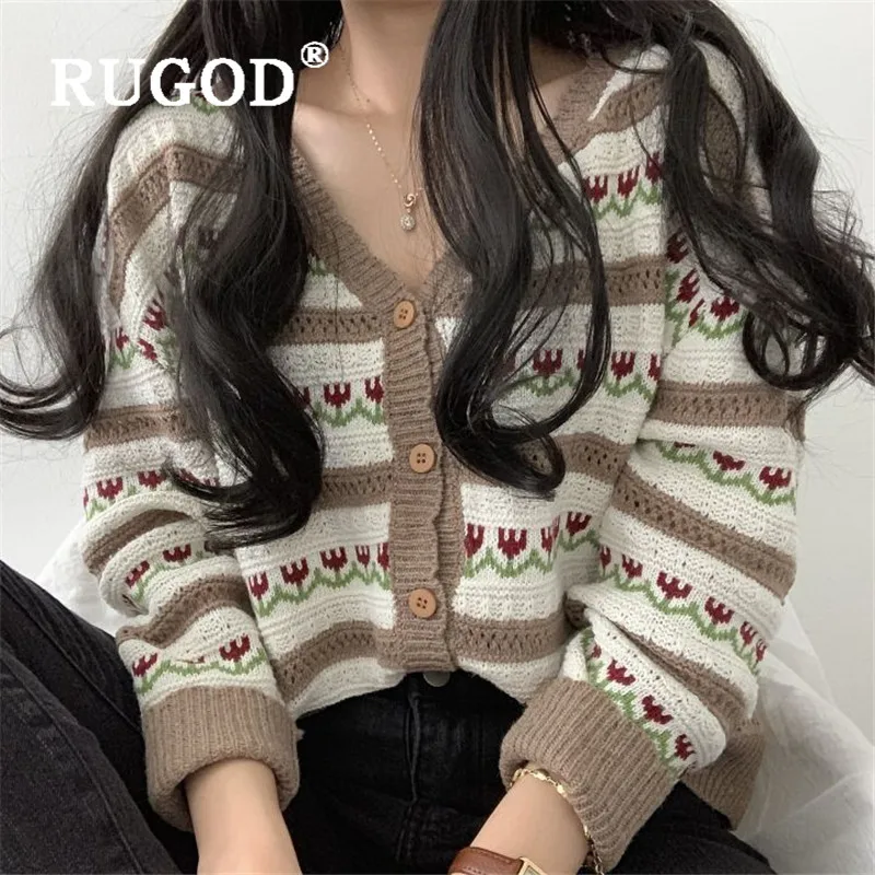 Женский ажурный кардиган RUGOD однобортный вязаный свитер с v-образным вырезом и