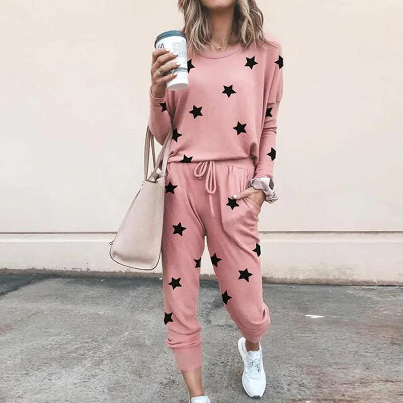 

Causal Women's pajama sets pink color with black stars blue abchor sexy cute printed round neck cotton sweet pajamas for ladies
