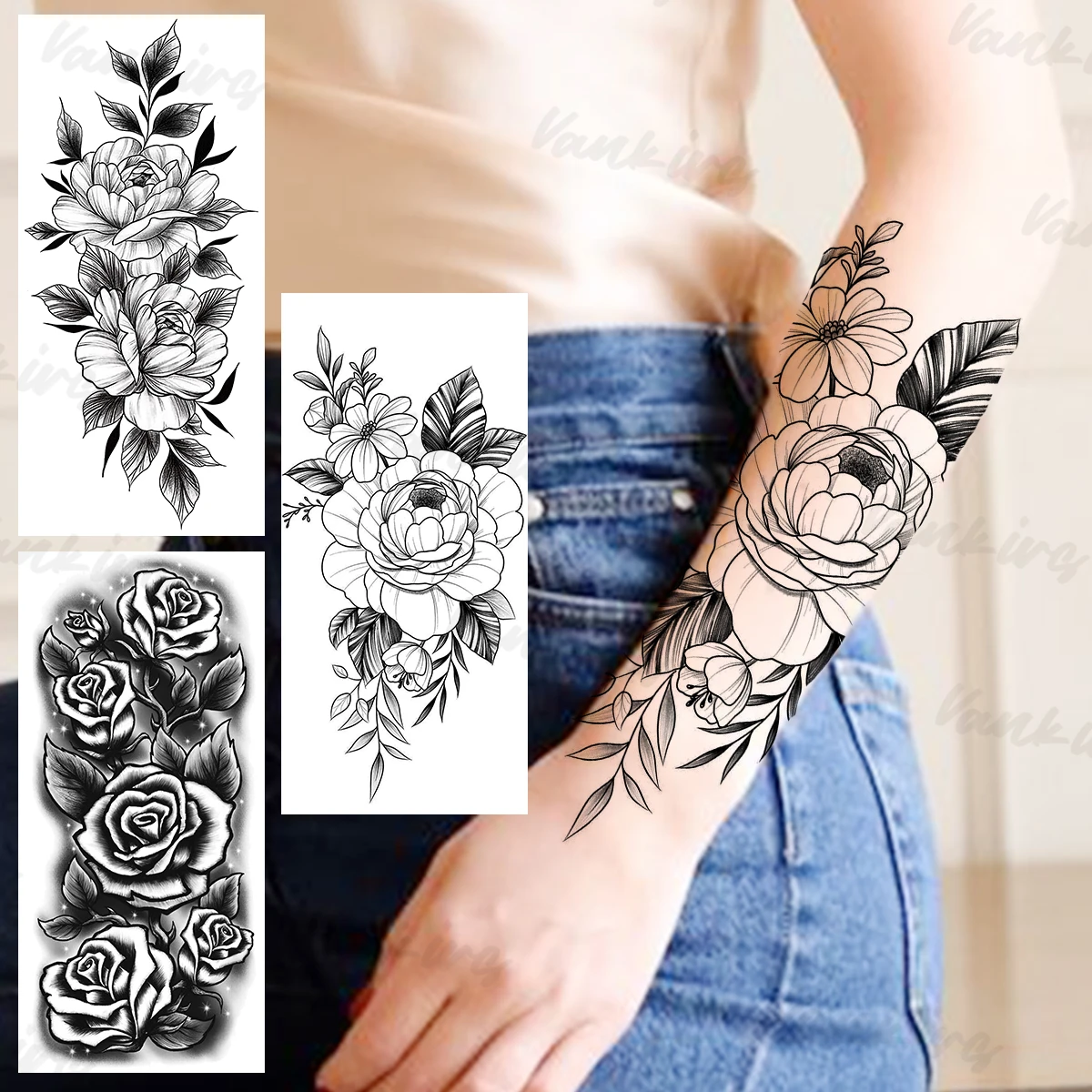 

Black Peony Temporary Tattoos For Women Girls Realistic Rose Flower Flora Waterproof Fake Tattoo Sticker Sexy Body Arm Tatoos