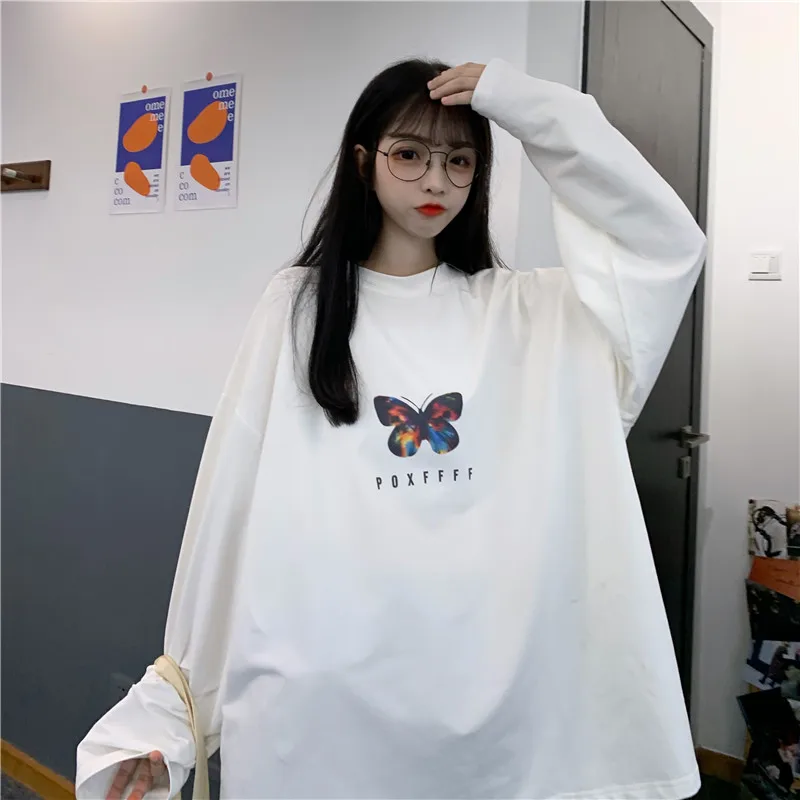 

Hoodies Women Butterfly-Print Oversize BF Ulzzang Drop-shoulder Ins Popular Autumn Slouchy Tunic Hoody Round Neck Street 2021