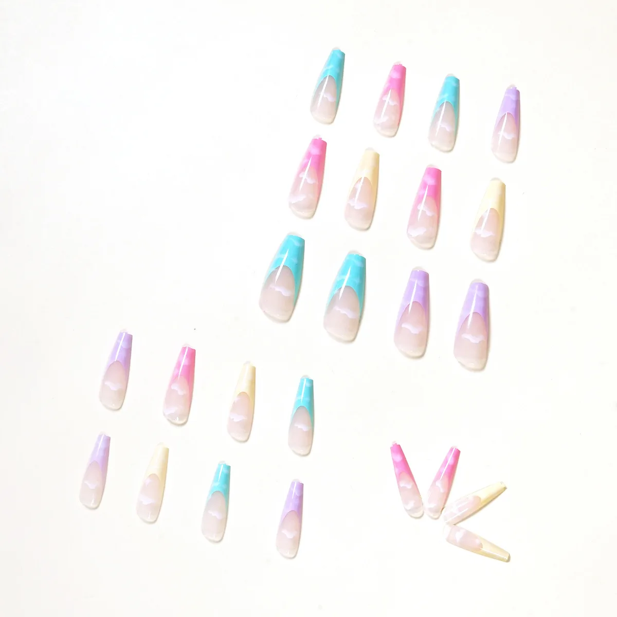 

24pcs Rainbow Colors Nails Patch Glue Type Long Paragraph Fashion Manicure Patch False Nails Patch FA