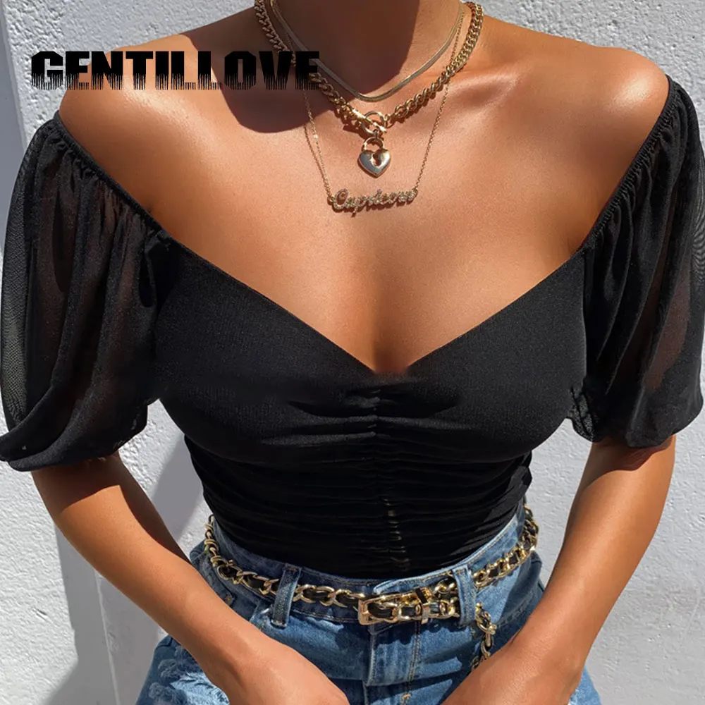 Футболка женская шифоновая сетчатая с глубоким V образным вырезом пикантный