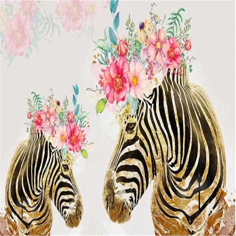 Large 3D wallpaper mural custom hand-painted golden zebra nordic flower children's room background | Обустройство дома