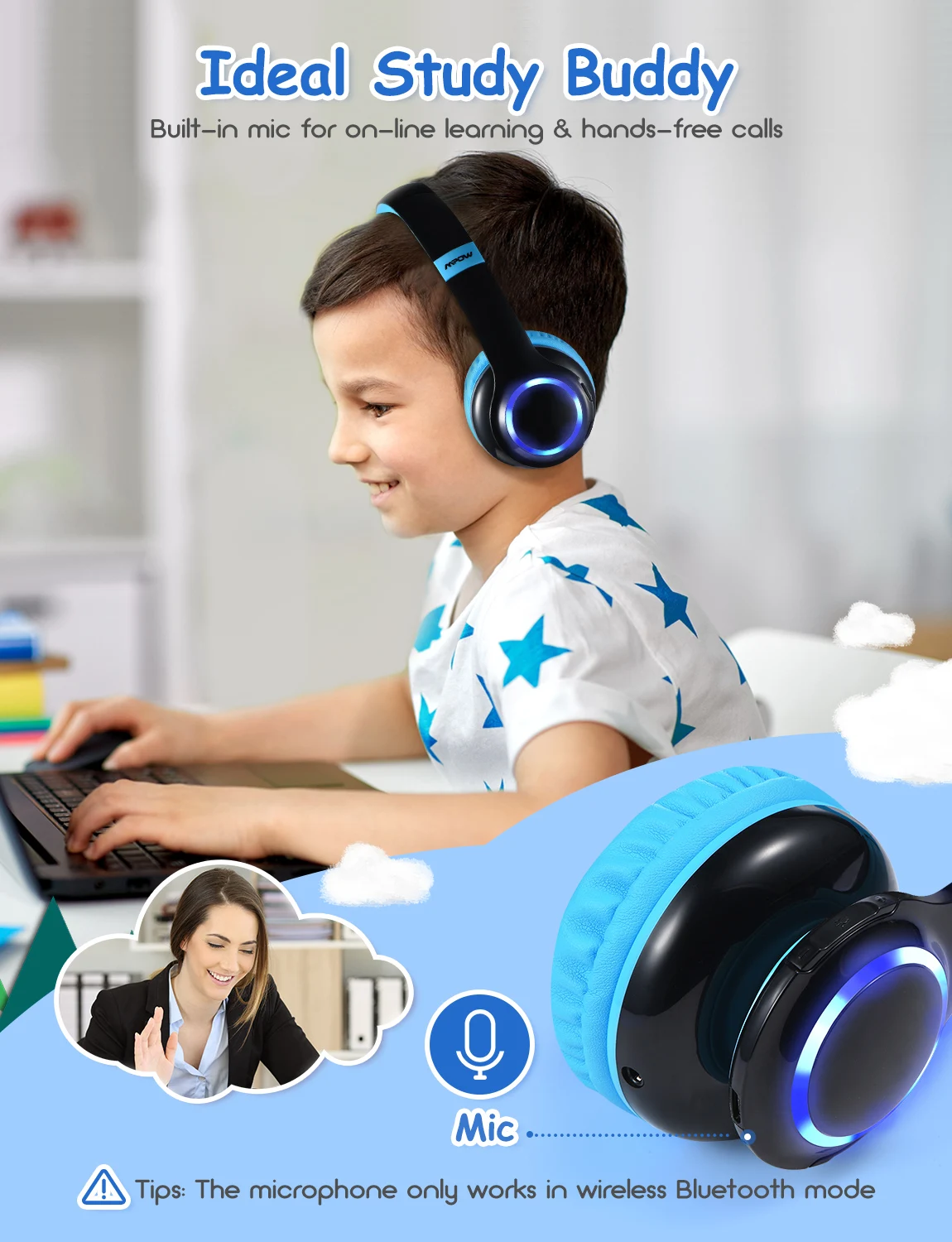 

Mpow CH9 Kids Headphones Upgraded Bluetooth 5.0 Foldable Headsets with LED Light&Mic 85dB Volume Limit for Children PC/Tablet