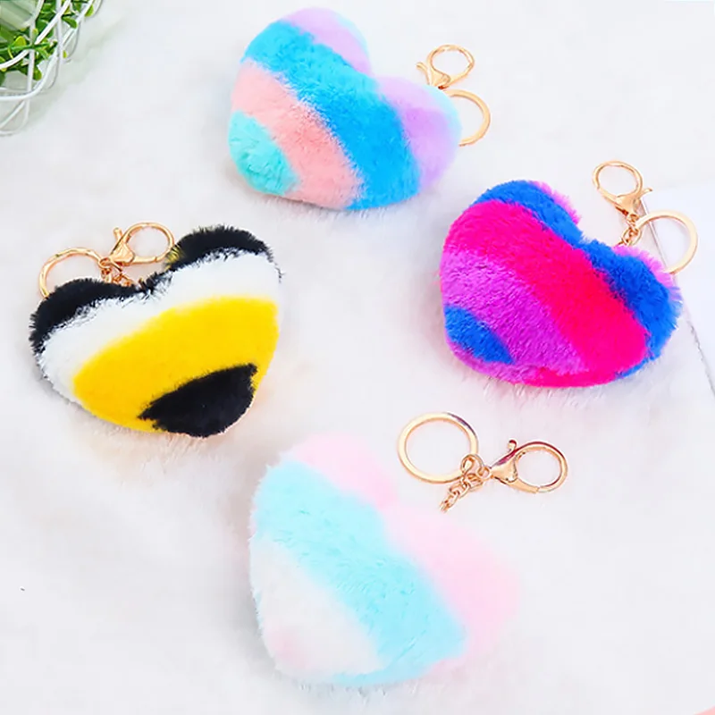 

Heart Pompoms Keychain Rainbow Plush Key Chains Decorative Pendant for Women Bag Accessories Keychains Car Fashion Keyring