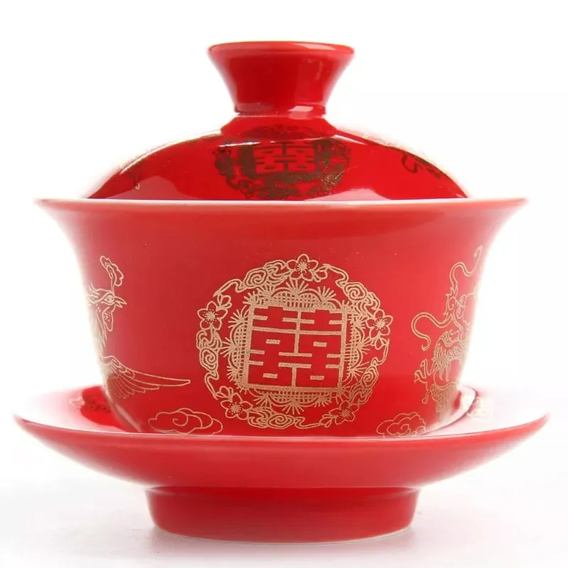 Дракон и феникс свадебный gaiwan чайная чаша китайский красный ted чайная чашка и блюдце набор - Цвет: DP A
