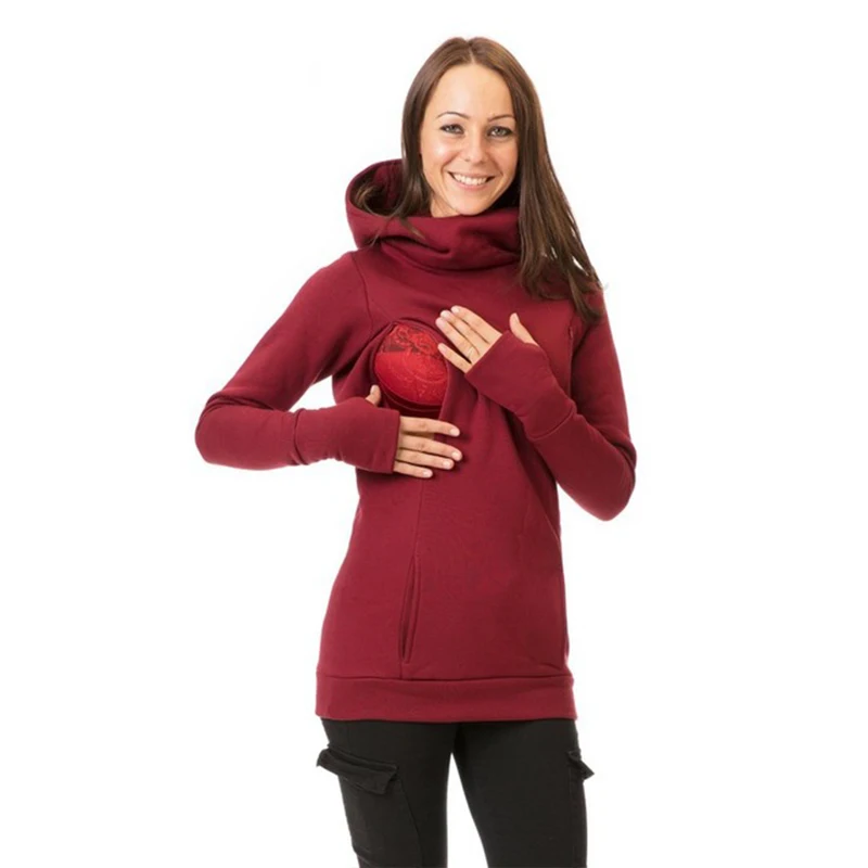 wine red Зимняя теплая Женская одежда для кормления грудью, осенняя одежда для беременных, топы, худи для кормящих мам, одежда для кормящих мам - Цвет: wine red