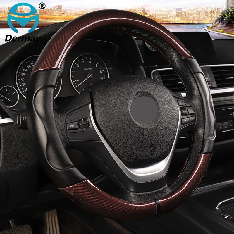 

Soft Leather Luxury Car Steering Wheel Cover Non-slip + Carbon Fibre Universal M Size Fit Standard Steering Wheel 37-38cm