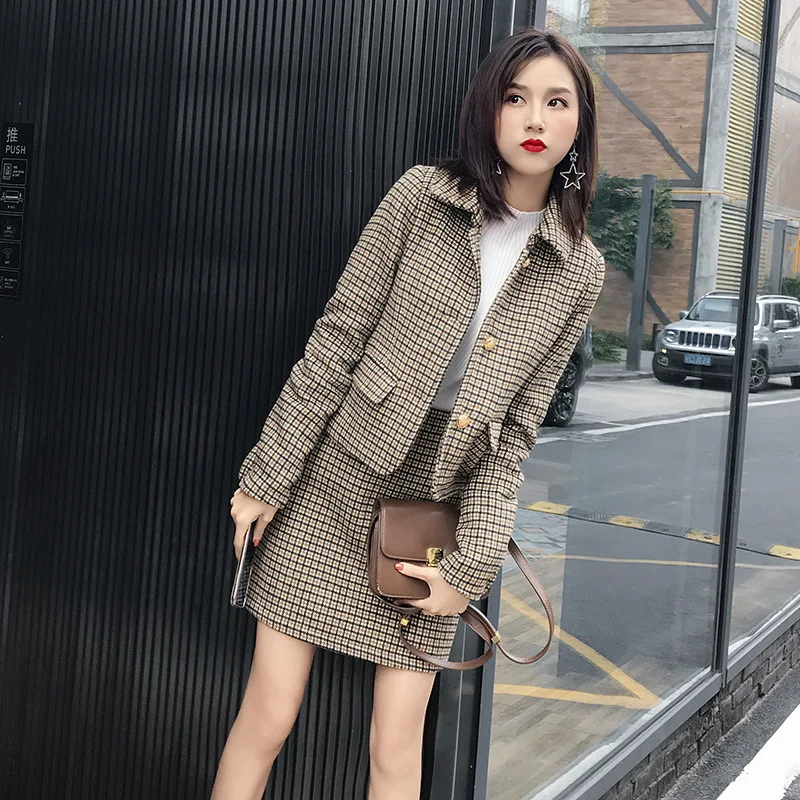

Осенне-зимний женский костюм с юбкой, Новый однобортный клетчатый короткий женский пиджак, Повседневная облегающая юбка с высокой талией