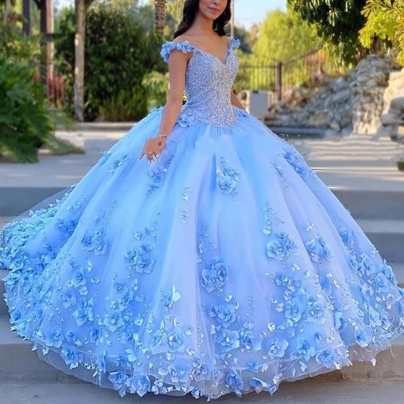 2022 Dreaming Floral 3D Flowers Quinceanera Dresses Prom Dress V-neck Flower Straps Beaded Corset Back Sweet 15 16 Girls Dress