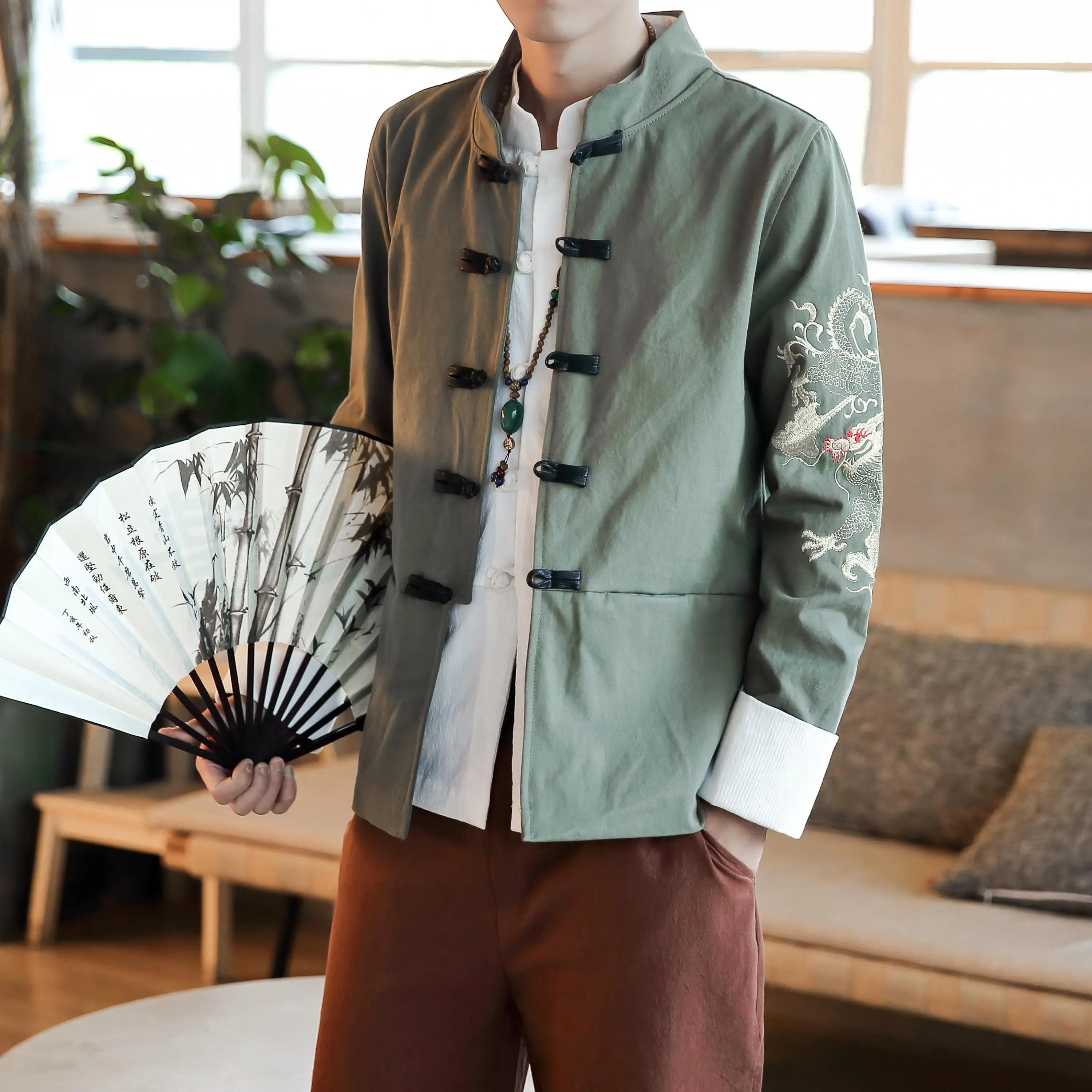 Черные традиционные китайские рубашки с воротником для мужчин Красные восточные куртки в стиле Ориентал с вышивкой дракона Этно Жуншань Фу Бакл новые.