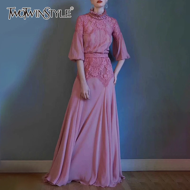 TWOTWINSTYLE Лоскутные кружевные платья для женщин водолазка фонарь Половина рукава