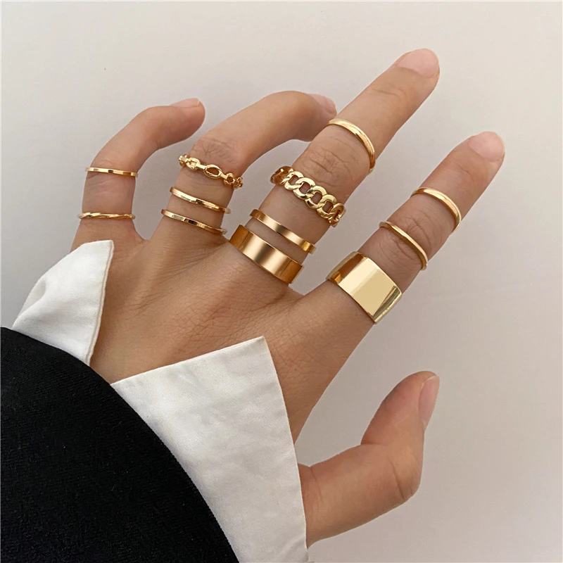 

Hiphop Gold Chain Rings Set For Women Girls Punk Geometric Simple Finger Rings 2021 Trend Jewelry Party
