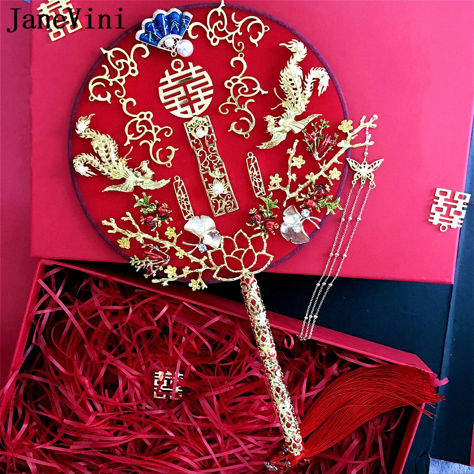 

JaneVini Newest Designer Chinese Bridal Bouquet Fan Cover Face Gold Tassels Handmade Flowers Metal Round Fan Wedding Accessories