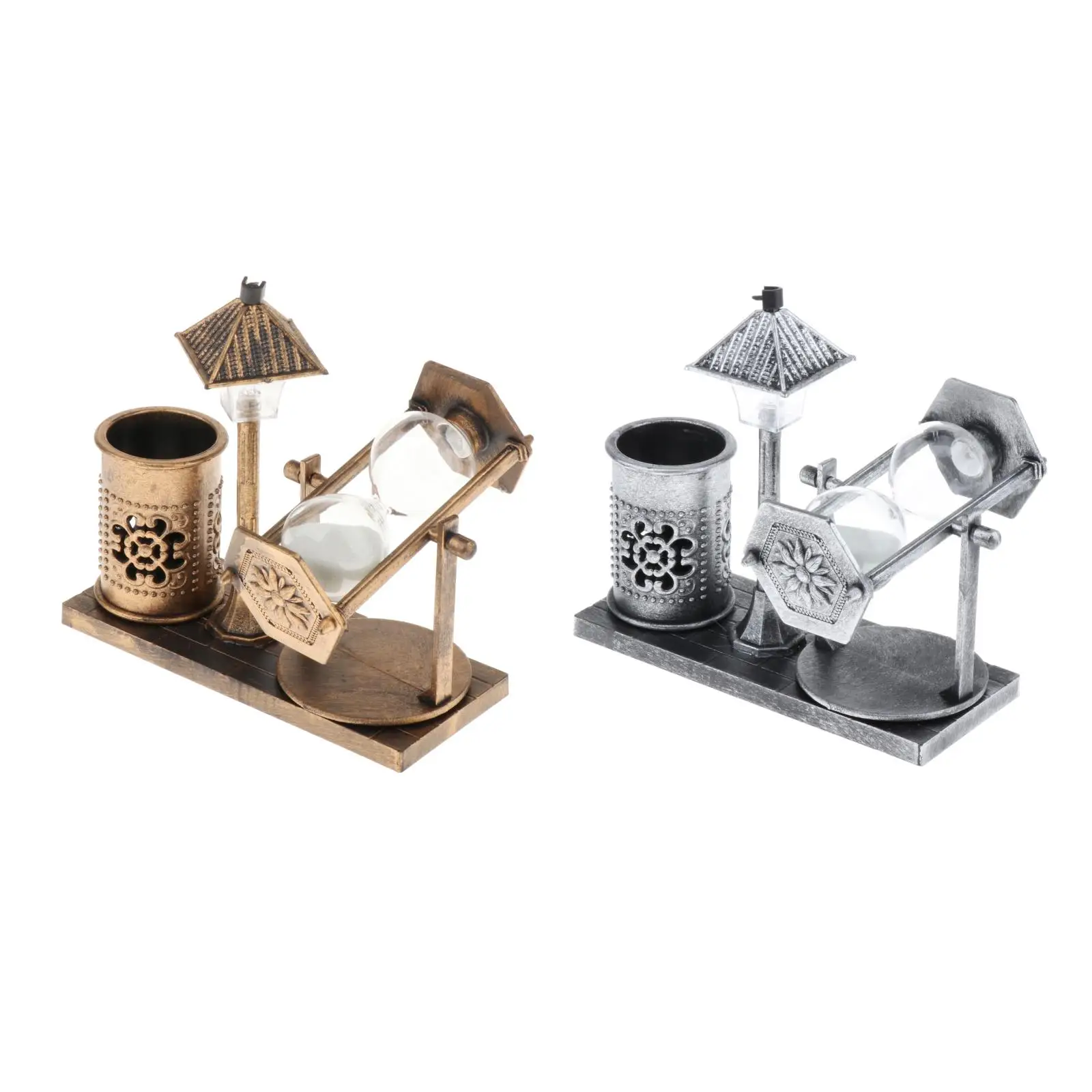 Retro Street Lamp Hourglass Sand Glass Clock Pen Holder Office Desktop Decor