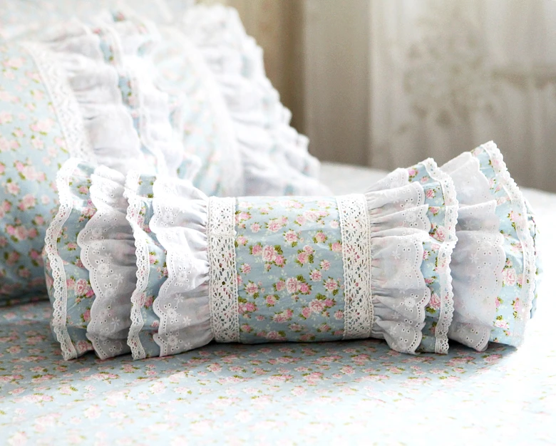 

Korean Princess Style Pillow Embroidery Rose Blue Elegant Pastoral Lumbar Pillows 100% Cotton Vintage Lace Ruffle Cushion Zipper
