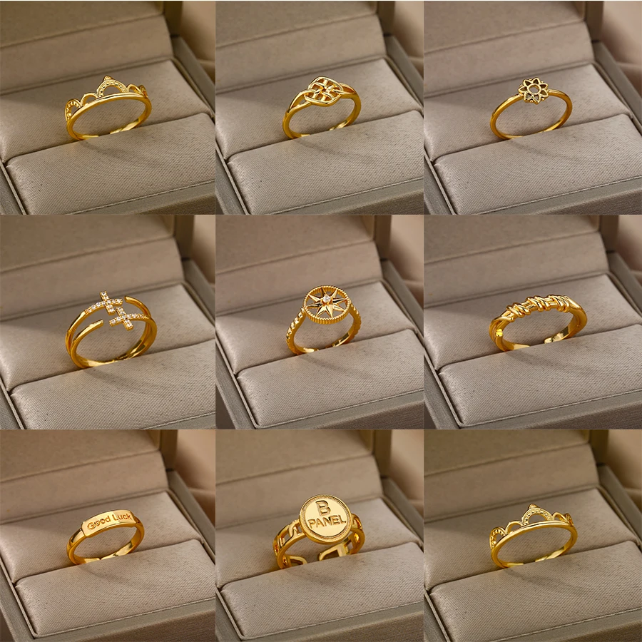 

Stainless Steel Cross Open Rings For Women Gold Zircon Adjustable Whorl Flower Star Engagement Figer Ring Party Jewelry BFF 2021