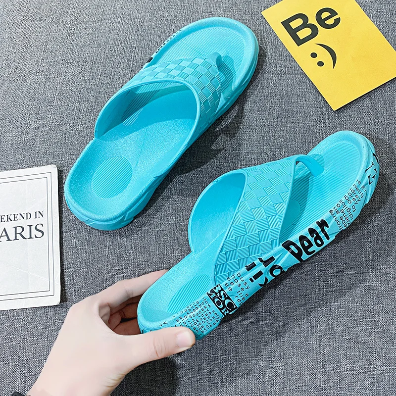 

Retro Blue Men Beach Flip Flops Letter Printed 2021 Fashion Men Slippers Summer Checked Pattern Men's Flat Shoes tongs homme ete