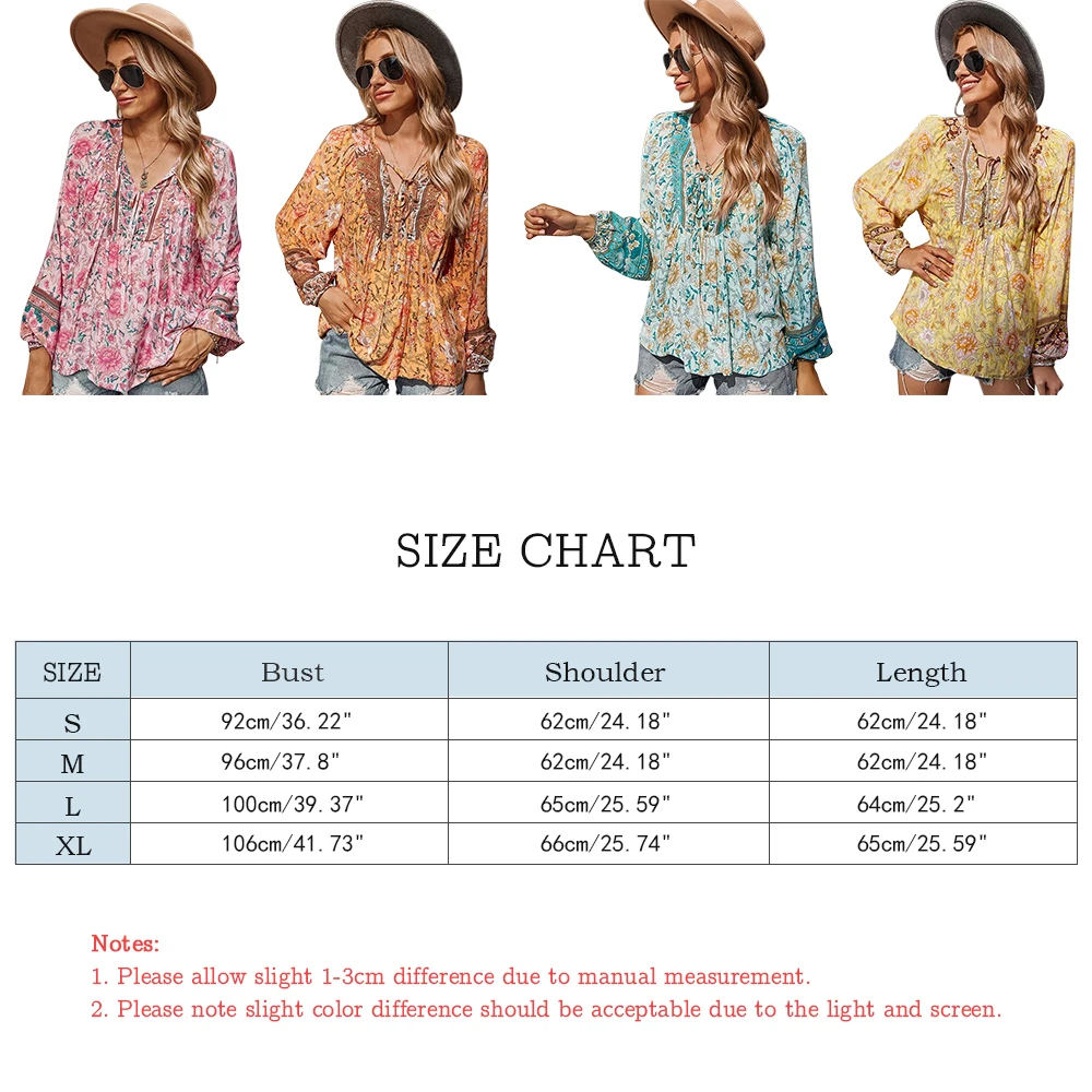 

Woman's Ethnic Print Blouse Long Sleeve V-neck Fashion Casual Loose Top Female Spring Autumn Tether Romantic Holiday Shirt Tops