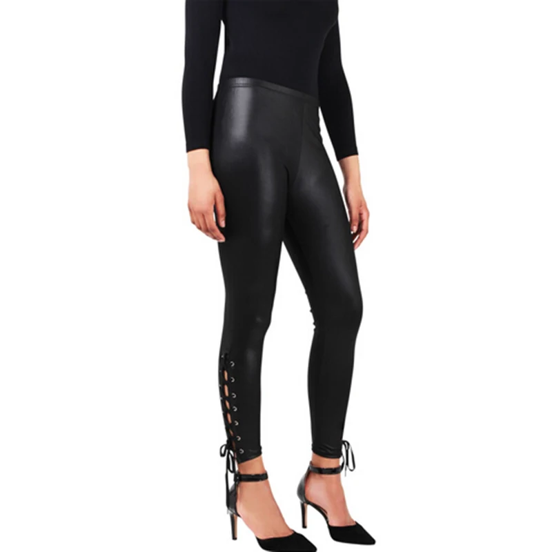

Woman Leggings Faux Leather Lace-Up Leggings New Fashion Black Sexy Slim Skinny Punk Clubwear Leggings Female Mid-Calf Pants