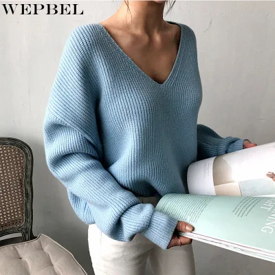 

WEPBEL Winter Fashion Sweater Autumn Solid Color Loose Pullover Sweater Women's Casual Long Sleeve V-neck Irregular Sweater