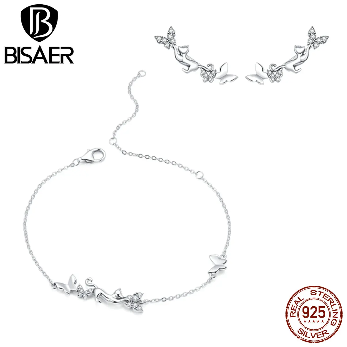 BISAER Настоящее 925 пробы серебряные кольца и браслеты с котом бабочками для женщин