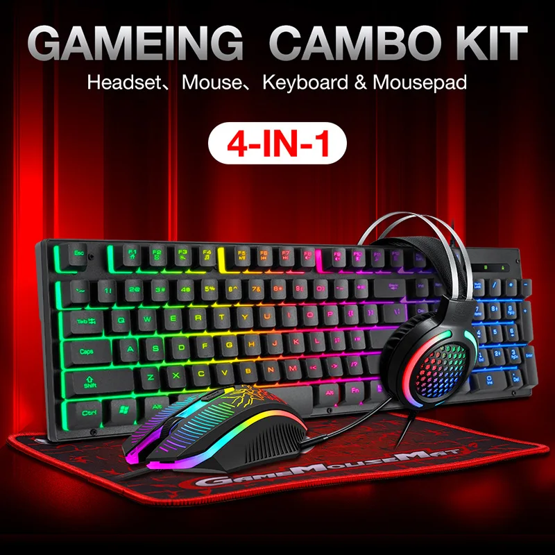 

Keyboard Mice Headset and Mouse Pad 4-piece Set of Backlight Gaming Office Business and Household 104 Key USB Wired PC Laptops
