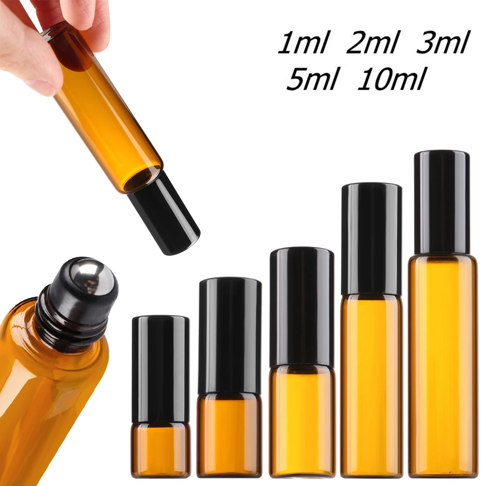 5PCS 1/2/3/5/10ml Mini Essential Oil Bottle Perfume Roller Ball Amber Refillable Glass Vials Cosmetic Containers | Красота и здоровье