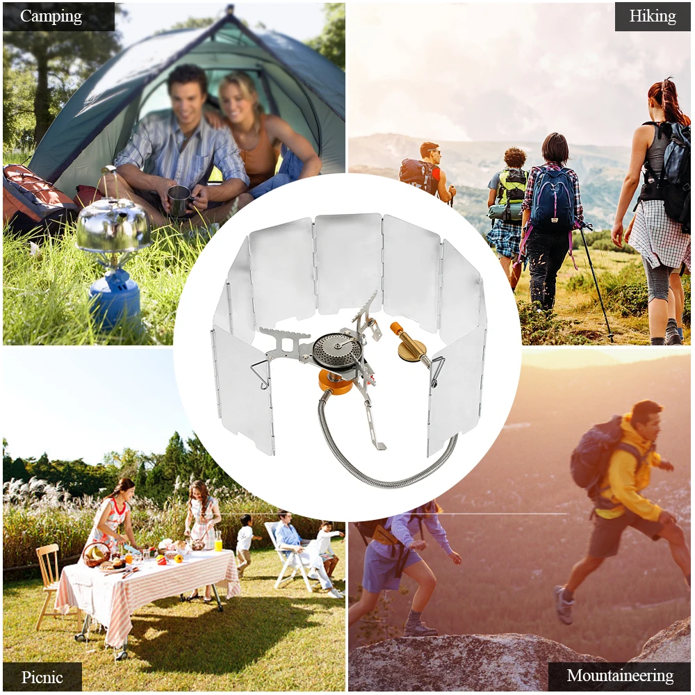 

Outdoor Portable Folding Camping Gas Stove Stainless Steel Hiking Picnic Cooking Stove with 9-Plate Windscreen Windshield